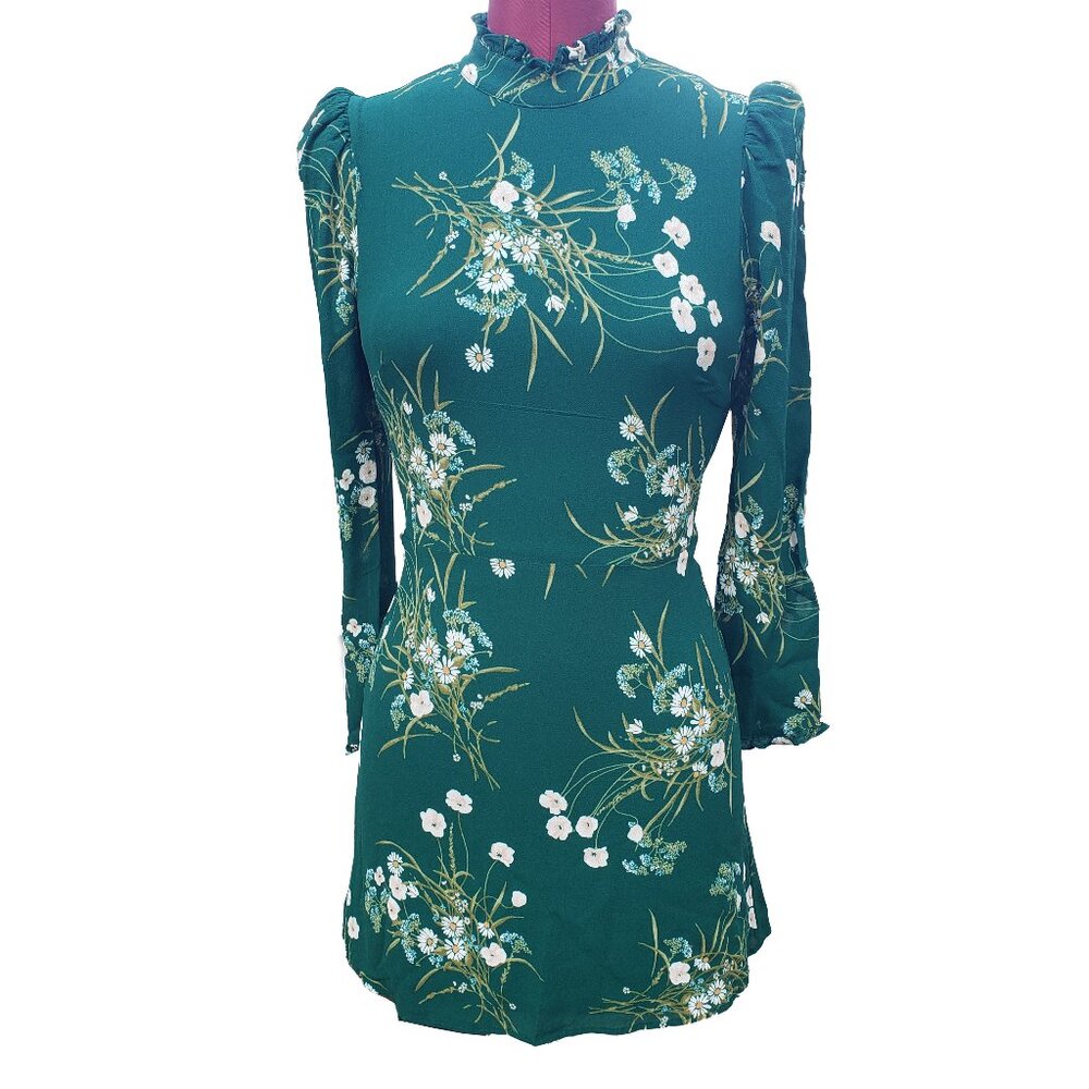 Reformation Lewis Dress Green Floral High Neck Long Sleeve Mini Sheath 6
